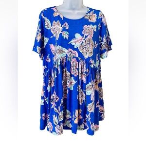 Month Of Sundays Women's Size L Babydoll Top Blue Pink Floral Flowy Stretch